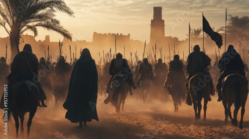 Mysterious ancient epic moment arabian army battle of war background wallpaper AI generated image