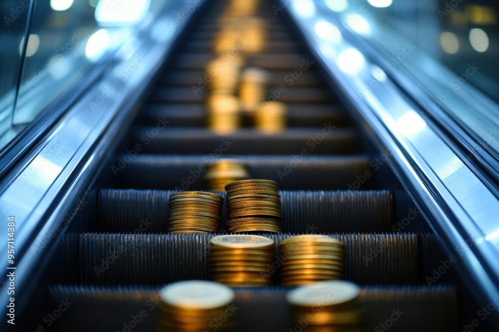 Stacks of gold coins on an escalator, symbolizing financial growth and wealth. Stacks of gold coins on an escalator, symbolizing financial growth and wealth.