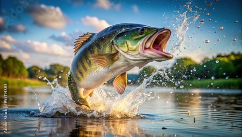 Largemouth bass explodes from the water's surface with a resounding splash, its gaping maw reaching for the sky as it devours the air. photo