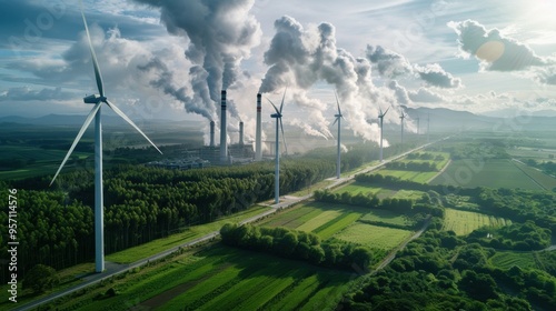 Wind turbines near industrial smokestacks, contrasting clean energy with pollution. Renewable energy versus industrial air pollution concept.