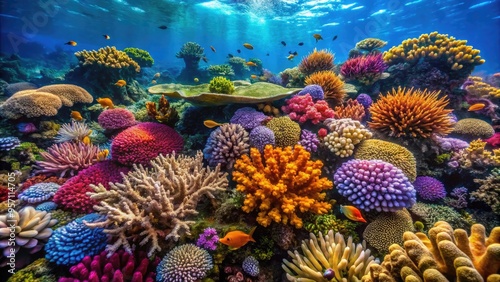 Vibrant coral formation teeming with marine life, showcasing intricate details and textures in a shallow reef ecosystem.