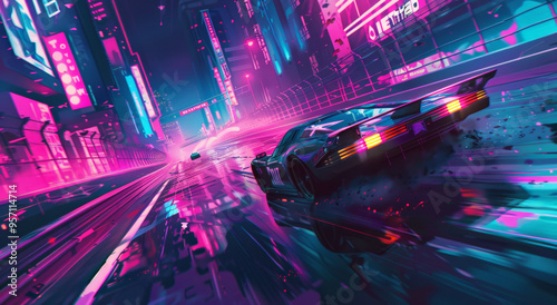 An anime race car drives on a neon highway