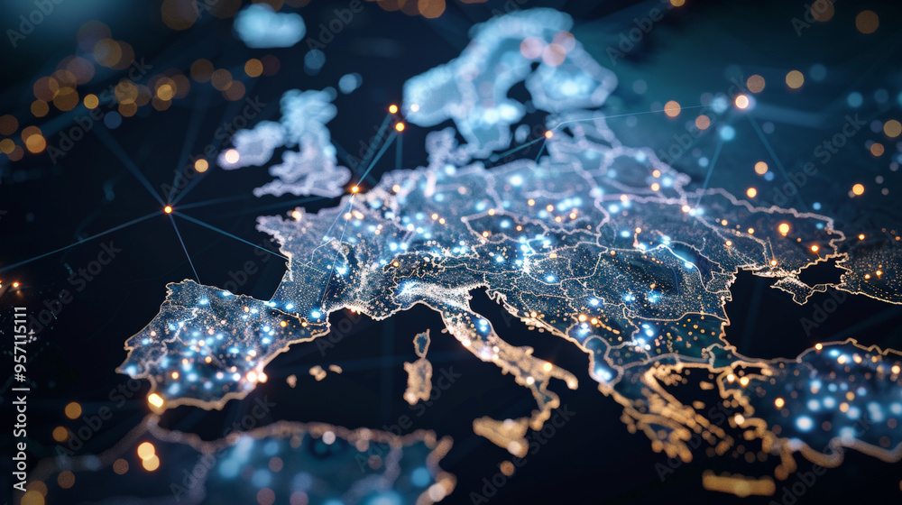 Abstract map of Western Europe, concept of data transfer and cyber technology Abstract map of Western Europe, concept of data transfer and cyber technology
