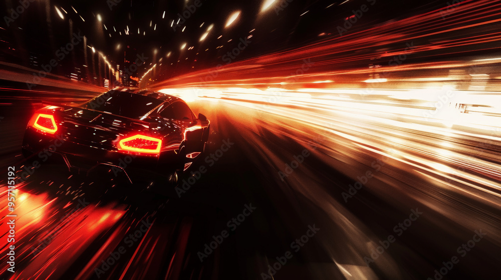 Obraz premium Racing car speeding on a night track toward lights in darkness
