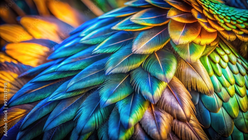Obraz premium Vibrant feathers surround a bird's eye, illuminated by warm sunlight, highlighting intricate details and shades of blue, with subtle hints of green and brown.