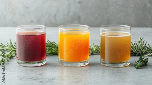 Healthy juice shots made with vitamin-rich ingredients, on a minimalist table with longevity-focused herbs,