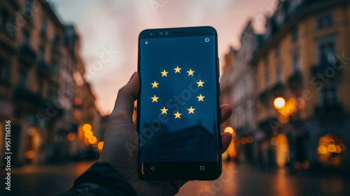 A phone in the hand,  with european union flag in the whole background