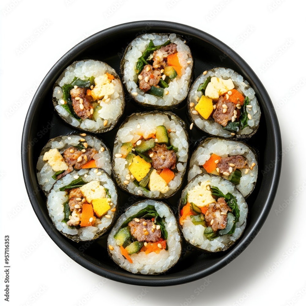 Close-up of Korean Kimbap with Beef, Vegetables, and Sesame Seeds Close-up of Korean Kimbap with Beef, Vegetables, and Sesame Seeds