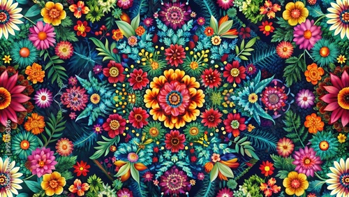 Vibrant floral motif blooms in a kaleidoscope of colors, intricately woven into a geometric pattern, blending nature's beauty with modern digital vector design elements.