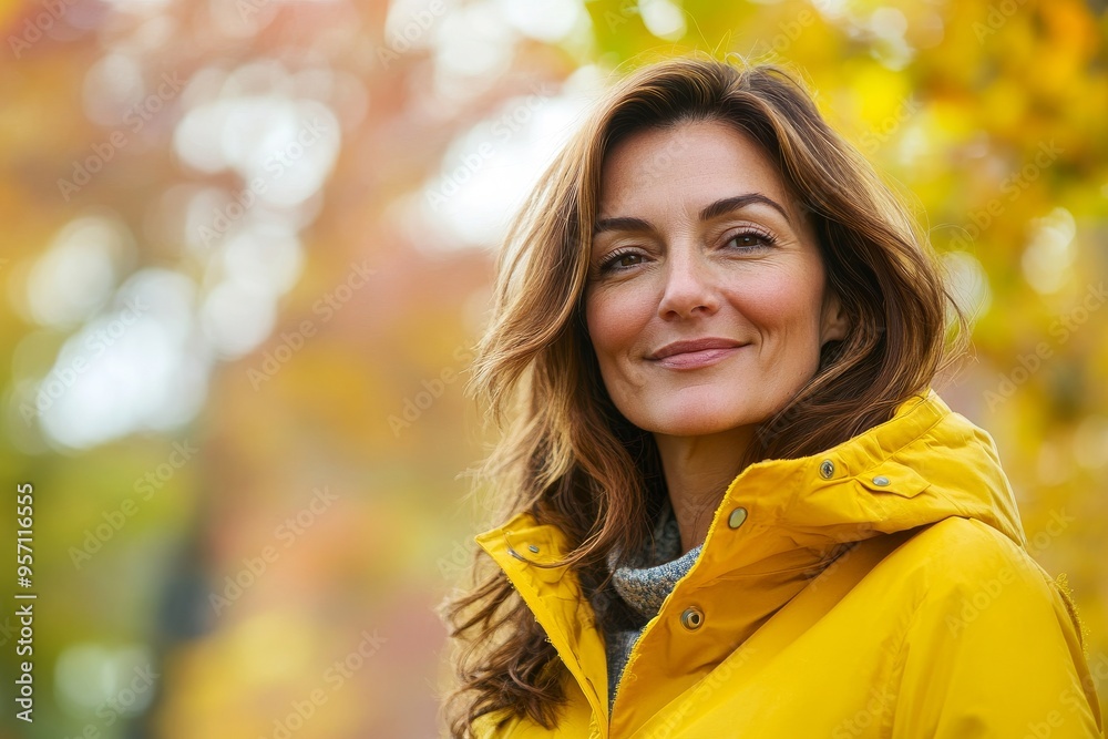 This portrait depicts a happy woman in her 40s wearing a functional windbreaker against a background of autumn leaves. The AI Generation.