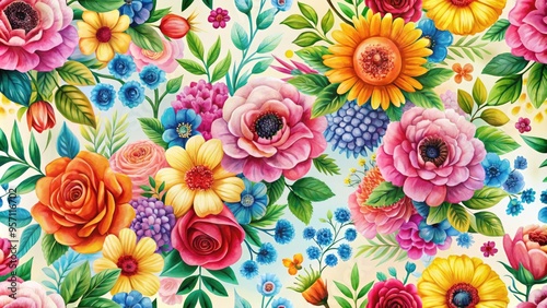 Vibrant floral pattern of colorful blooms and delicate leaves weaves together seamlessly to create a stunning, repeatable background for designs, fabrics, and digital art.