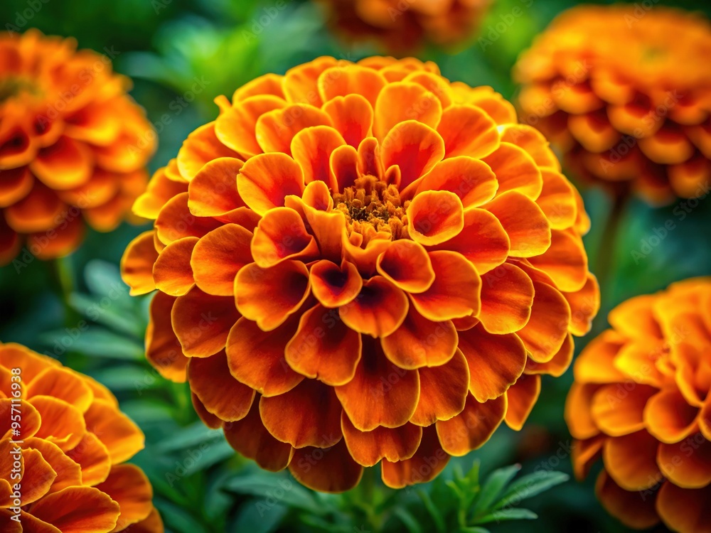 Orange marigold petals arrange themselves in a harmonious cluster, contrasting sharply against a soft, blurred green backdrop that fades subtly into the distance. Orange marigold petals arrange themselves in a harmonious cluster, contrasting sharply against a soft, blurred green backdrop that fades subtly into the distance.