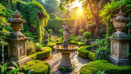 Vibrant flowers and lush greenery surround a delicate, intricately-carved stone sculpture, blending natural beauty with creative expression in a serene, sun-drenched outdoor setting. photo