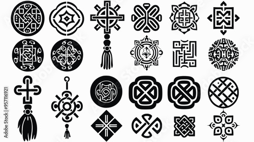 Black and white vector celtic knot and tassel, traditional chinese textures, adinkra symbols, orthodox icons, slavic folklore symbols