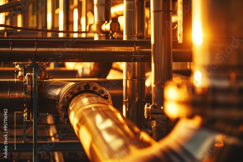 Close-up of metallic industrial pipes reflecting a warm glow, portraying intricacy and the sophisticated design of the structure they belong to. photo