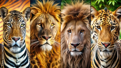 Vibrant fur textures of lion, zebra, leopard, and giraffe skins presented in a collage format, showcasing nature's unique patterns and intricate details. photo