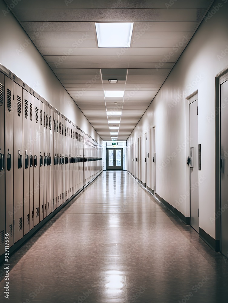 Empty School Hallway with Lockers and Copyspace A clean, empty school hallway lined with lockers Empty School Hallway with Lockers and Copyspace A clean, empty school hallway lined with lockers