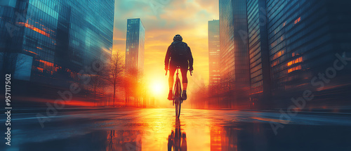 Cyclist with the sun setting behind city skyscrapers, ultrarealistic detail, warm tones, urban landscape, reflective surfaces