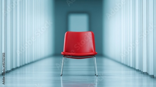 A simple and stylish red chair is centered in a long, empty hallway, surrounded by white walls and clear pathways, creating a clean modern aesthetic and a focus on singularity. photo