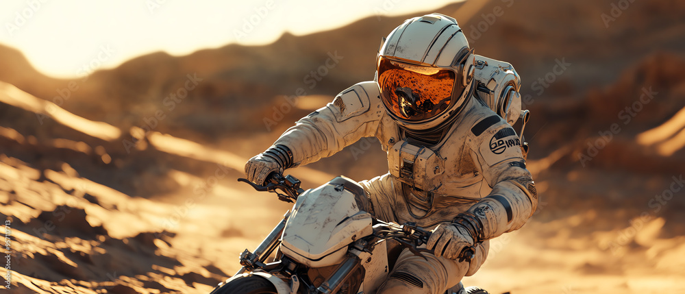 Cyclist with a futuristic bike on Mars, ultradetailed textures, red planet terrain, astronaut gear, photorealistic rendering Cyclist with a futuristic bike on Mars, ultradetailed textures, red planet terrain, astronaut gear, photorealistic rendering