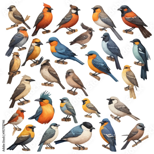 A collection of birds including one with a blue and green on the bottom