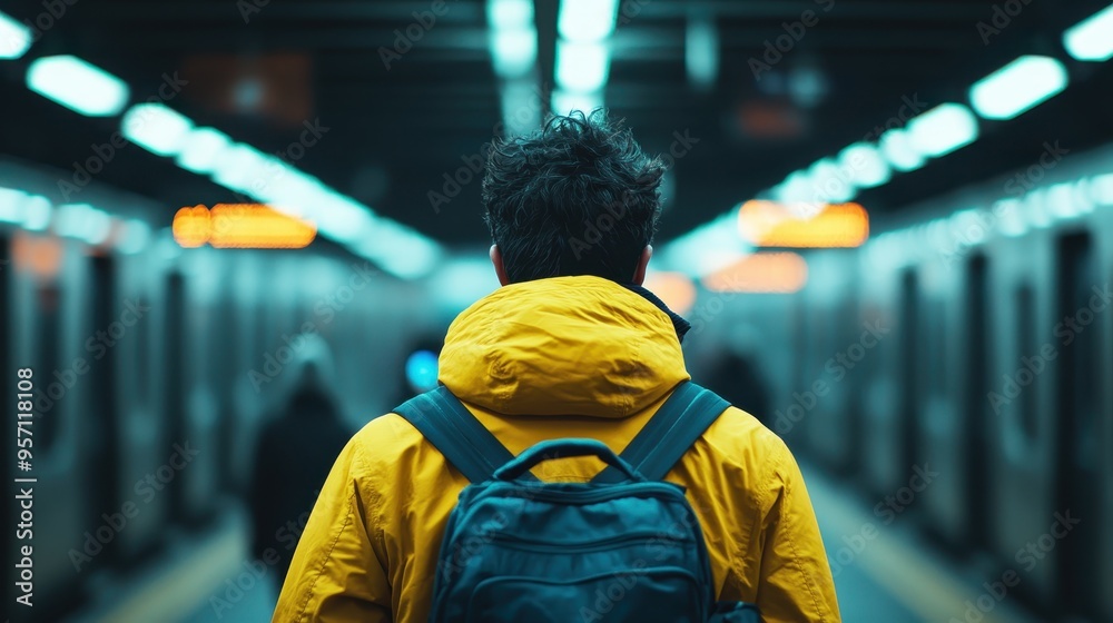 A person wearing a yellow jacket and carrying a backpack waits on a subway platform, representing urban travel and daily commute in a modern city.