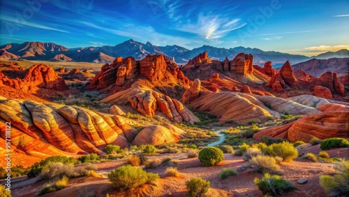 Vibrant red rock formations and canyons in Nevada's desert landscape, set against a clear blue sky, showcasing nature's breathtaking beauty and geological wonders. photo