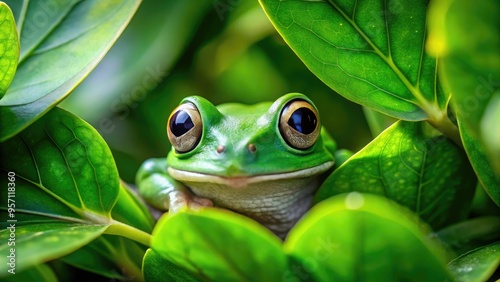 Vibrant green eyes peer out from a bed of lush foliage, as a tiny frog peeks out from its hiding spot, showcasing its curious nature. photo