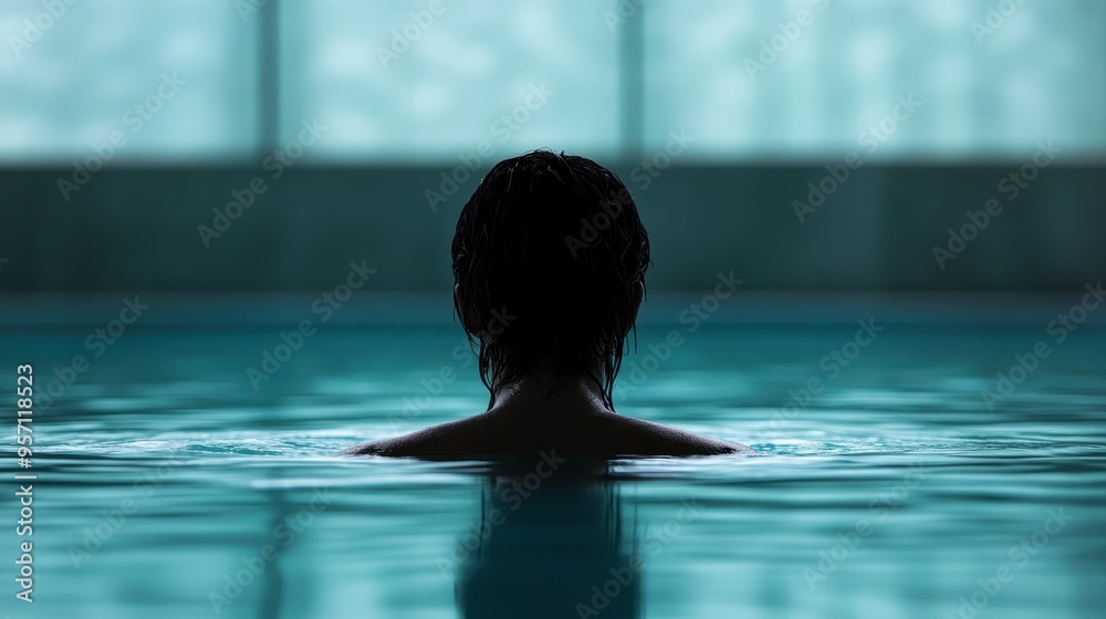 A peaceful scene of a person immersed in serene indoor swimming pool waters, capturing a moment of calm and solitude, with gentle lighting enhancing the tranquil ambiance. A peaceful scene of a person immersed in serene indoor swimming pool waters, capturing a moment of calm and solitude, with gentle lighting enhancing the tranquil ambiance.