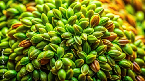 Vibrant green flaxseed fibers burst forth from a delicate seed pod, showcasing intricate texture and detail in this extreme close-up, high-contrast, natural light photograph. photo