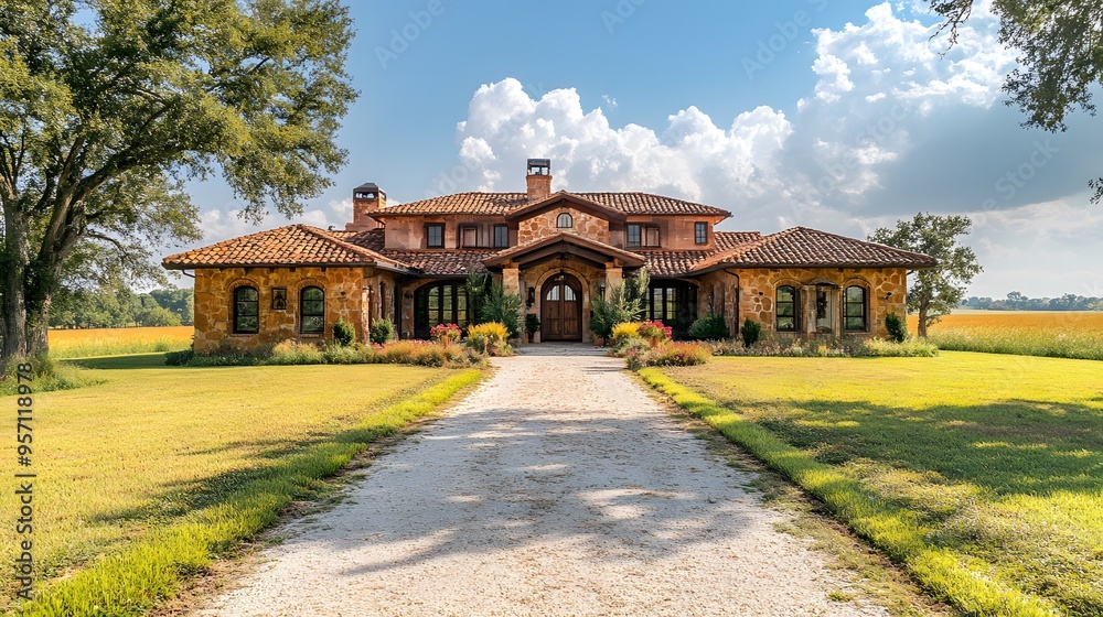 A sprawling ranch-style home surrounded by open fields, with a long driveway leading to the main entrance A sprawling ranch-style home surrounded by open fields, with a long driveway leading to the main entrance