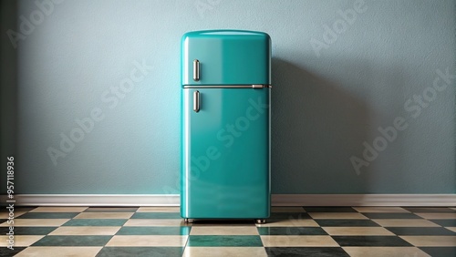 Rustic estate piece, vintage turquoise refrigerator with chrome accents, set against a worn linoleum floor adorned with square tiles. photo