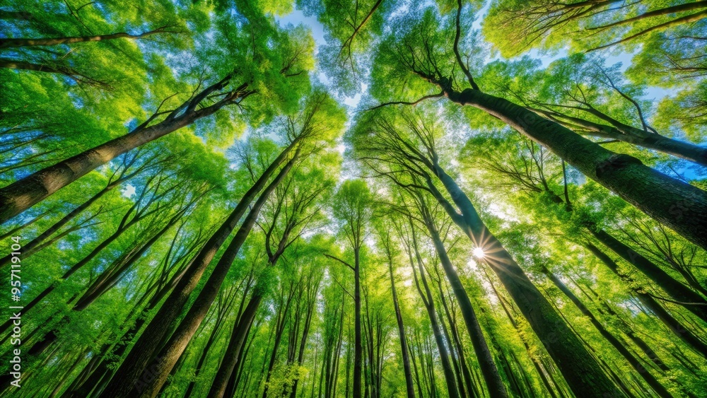 Vibrant green foliage of towering trees stretches towards the sky, casting dappled shadows on the forest floor, creating a serene and peaceful natural background. Vibrant green foliage of towering trees stretches towards the sky, casting dappled shadows on the forest floor, creating a serene and peaceful natural background.