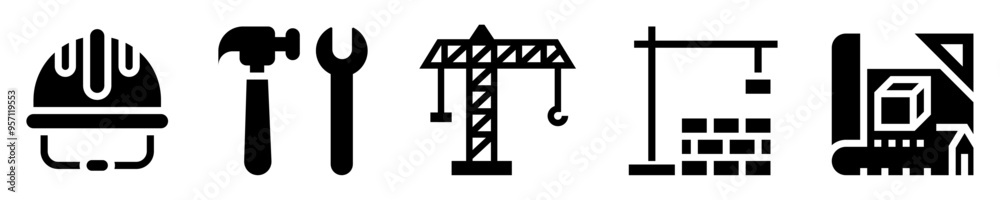 Construction icon set. Architecture. Safety helmet, tools, crane, building, project plan. Solid icons. Vector illustration Construction icon set. Architecture. Safety helmet, tools, crane, building, project plan. Solid icons. Vector illustration
