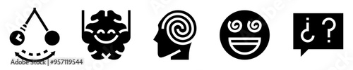 Hypnotherapy icon set. Self-awareness, mind-body. Pocket watch, calm brain, hypnotized person, spiral, inner questions. Solid icons. Vector illustration