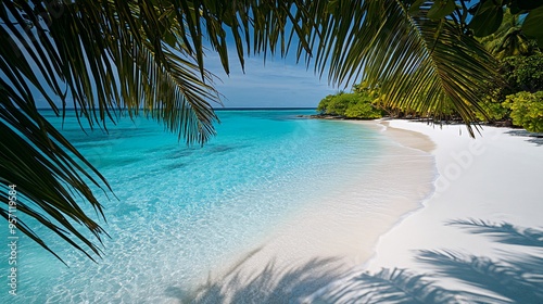 Palm tree leaves create a frame for a view of a white sand beach and turquoise water. photo