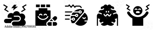 Epilepsy icon set. Neurological disorder. Altered brain, medication, electroencephalogram, anxious brain, epileptic person. Solid icons. Vector illustration
