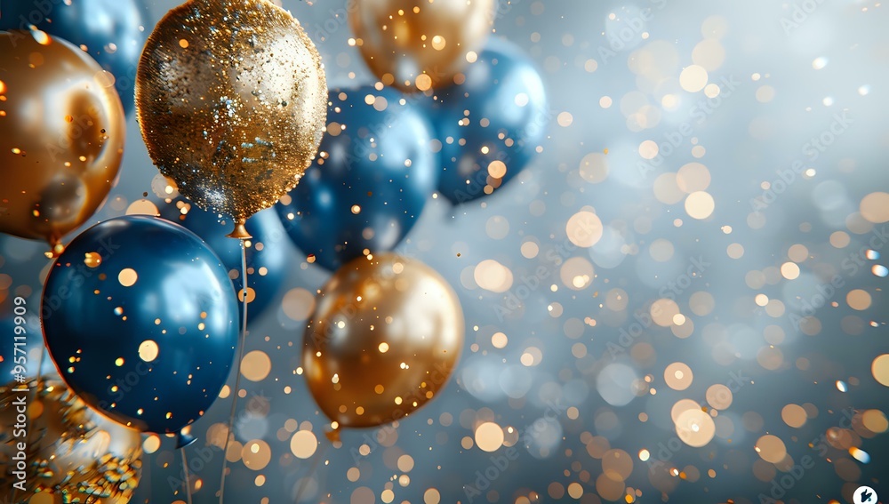 A festive celebration scene with gold and blue balloons, sparkling confetti, and bokeh lights, creating a joyful and glamorous atmosphere. Ideal for party, celebration, or New Year's Eve designs. A festive celebration scene with gold and blue balloons, sparkling confetti, and bokeh lights, creating a joyful and glamorous atmosphere. Ideal for party, celebration, or New Year's Eve designs.
