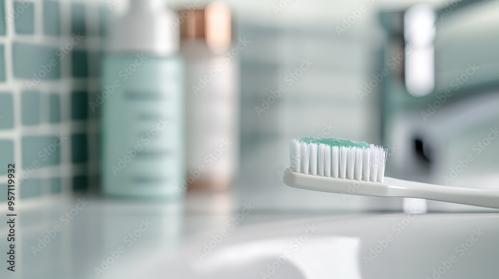 A clean white toothbrush with soft bristles is placed on a bathroom countertop, with blurry bathroom essentials like bottles and tiles in the background. A clean white toothbrush with soft bristles is placed on a bathroom countertop, with blurry bathroom essentials like bottles and tiles in the background.