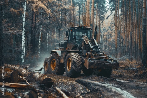 A heavy-duty tractor navigates through a dense forest, towing logs along a muddy trail during a logging operation. photo