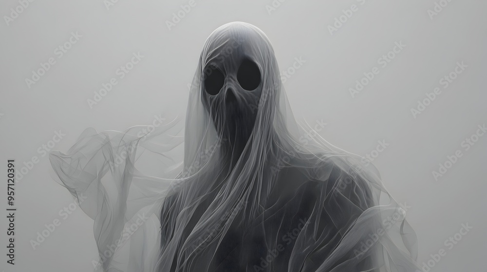 Eerie Ghostly Apparition in Swirling Mist on Minimal White Background Eerie Ghostly Apparition in Swirling Mist on Minimal White Background