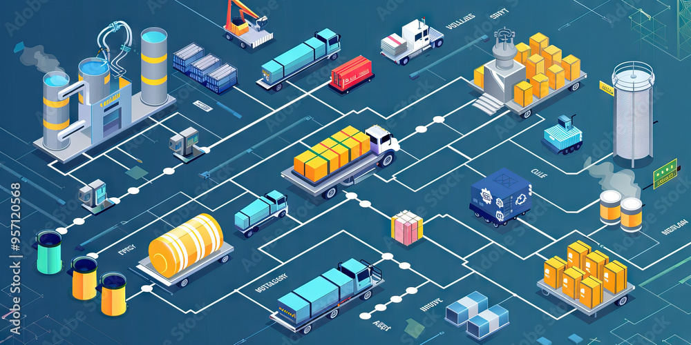 A flowchart of the supply chain for a popular consumer goods company, with an industrial-inspired background. A flowchart of the supply chain for a popular consumer goods company, with an industrial-inspired background.