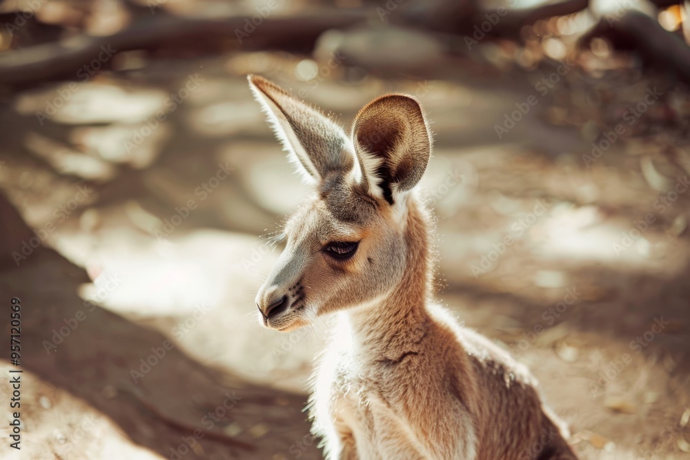 A close-up of a serene kangaroo lit by warm sunlight, capturing the gentle essence of wildlife in a natural setting. A close-up of a serene kangaroo lit by warm sunlight, capturing the gentle essence of wildlife in a natural setting.