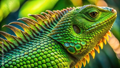 Vibrant green lizard's tail scales glisten in the sunlight, showcasing intricate patterns and textures in extreme close-up, emphasizing nature's unique craftsmanship and delicate beauty. photo