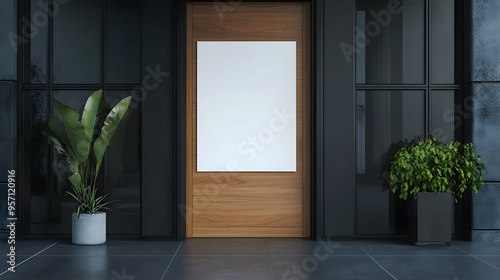 A mockup of an empty white poster on the wall of a modern entrance door  with wood and glass panels  a black background