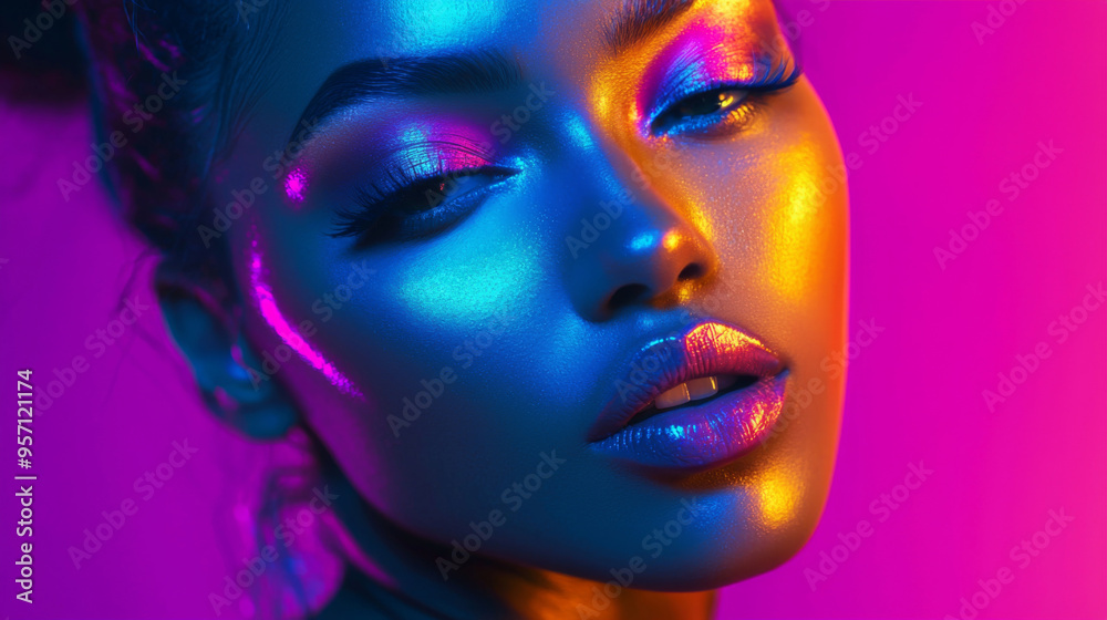 Obraz premium A woman with a bright blue face is wearing makeup