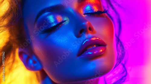 A woman with purple hair and purple eyes is wearing makeup. The makeup is colorful and vibrant, giving the impression of a fun and energetic mood