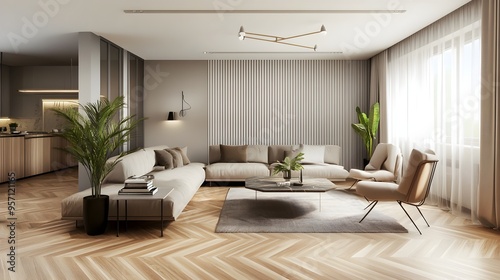 A modern living room with a wooden parquet floor, light gray walls, and vertical stripes in shades of beige