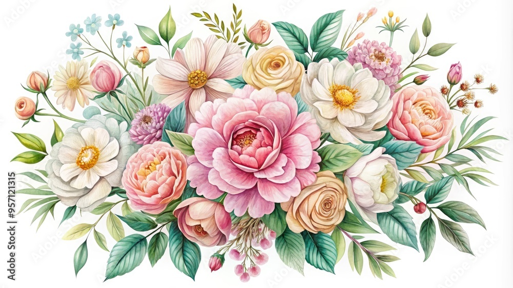 Vibrant, hand-drawn floral bouquet illustration in pastel hues, featuring blooming peonies, roses, and daisies, surrounded by delicate foliage and ornate decorative elements on a soft white Vibrant, hand-drawn floral bouquet illustration in pastel hues, featuring blooming peonies, roses, and daisies, surrounded by delicate foliage and ornate decorative elements on a soft white