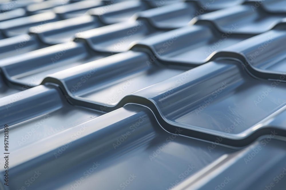 A close-up of sleek, shiny metal roof tiles, uniformly lined up, creating a modern and orderly pattern with a metallic sheen. A close-up of sleek, shiny metal roof tiles, uniformly lined up, creating a modern and orderly pattern with a metallic sheen.